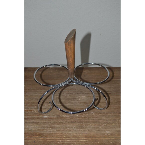 Vintage MCM Condiment Server Serving Set Walnut Stainless Steel Caddy Dish - Picture 2 of 9